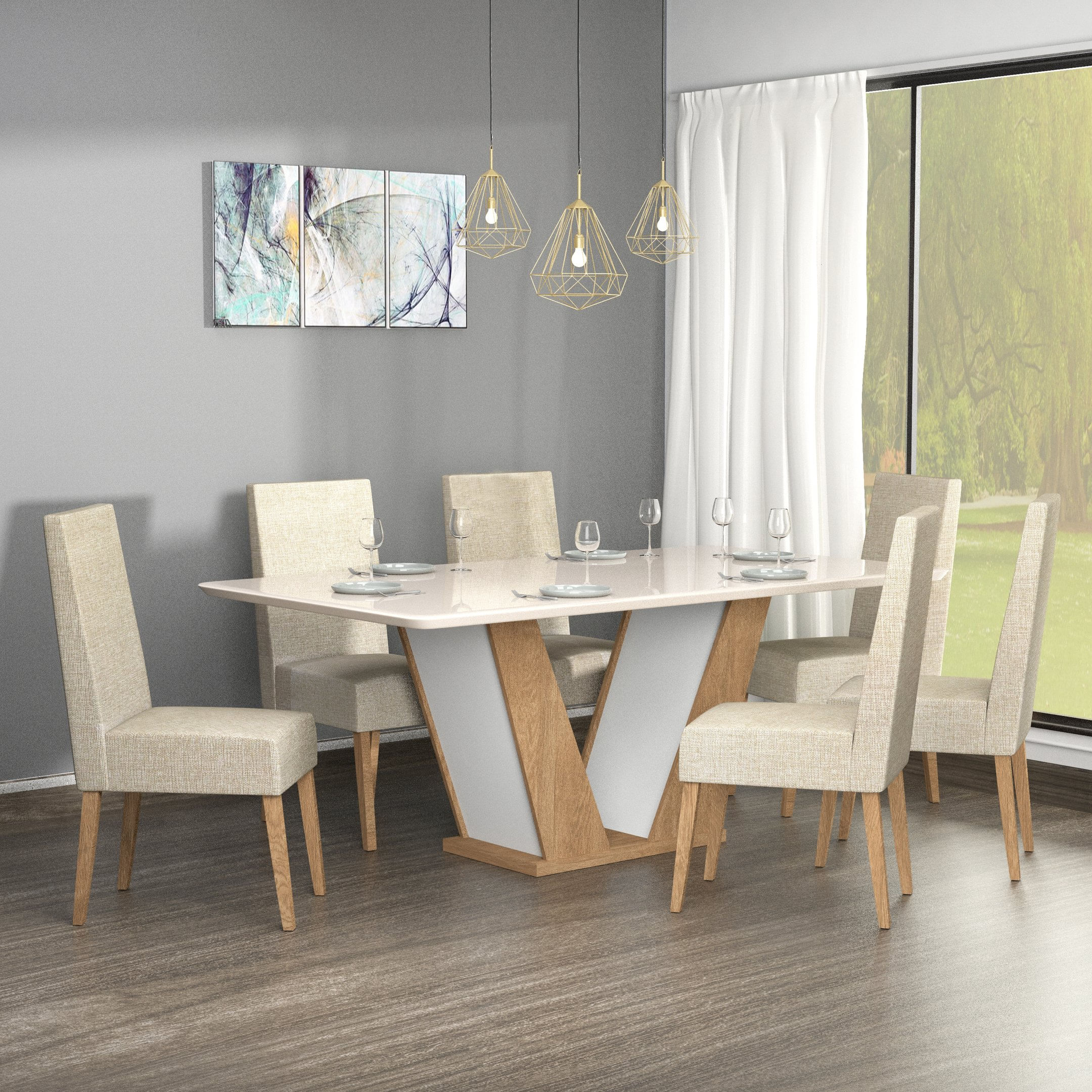 Conjunto Sala de Jantar Veneza Tampo de Vidro 6 Cadeiras Madeira Maciça Eucalipto Móveis Meneghetti Inovata