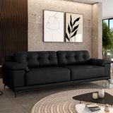 Sofá Living 3 Lugares 232cm Agostino Pés Design Em Ferro Couro Preto G52 - Gran Belo