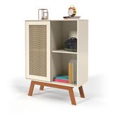 Balcao Alto Aparador Buffet Com Porta De Correr Rattan Pés Em Madeira Off White