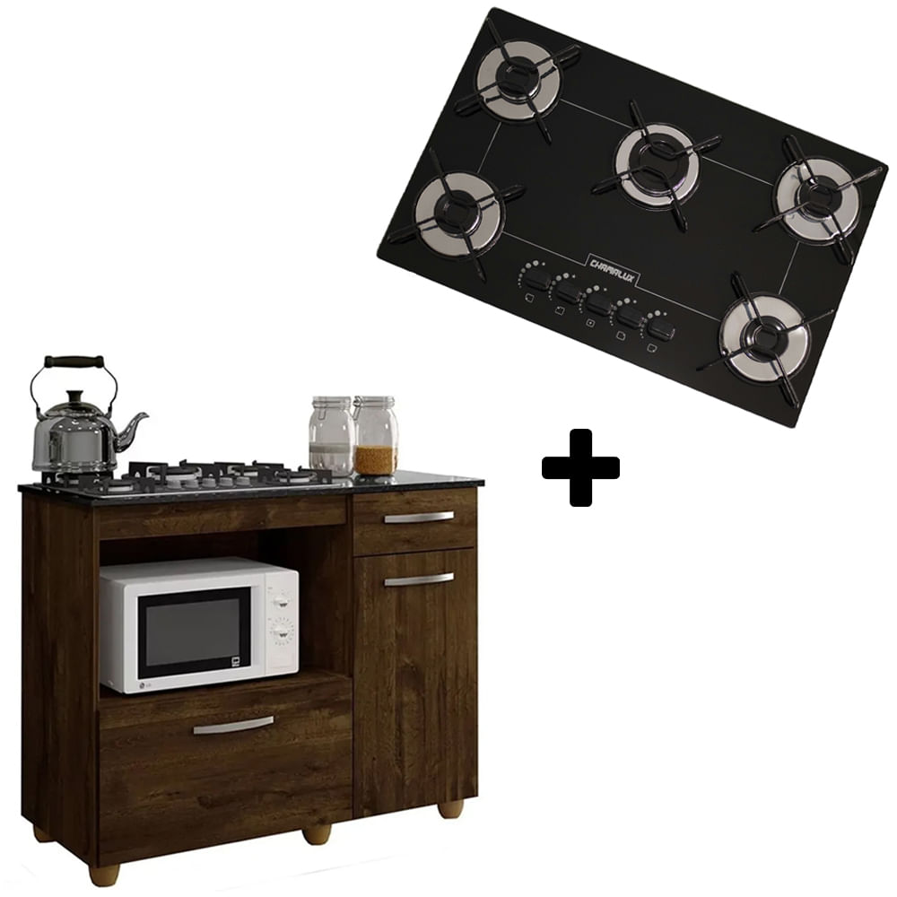 Kit Balcão 2 Porta Basculante Violeta Mais Cooktop Fogão Chamalux 5 Bocas Bivolt