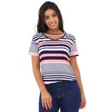 Blusa Feminina Estampada Listrada Manga Curta Gola Chocker Salmão, P