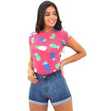 Blusa Feminina T Shirt Viscolycra Estampada Manga Curta Rosa Escuro, Único