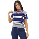 Blusa Feminina Estampada Listrada Manga Curta Gola Chocker Azul Escuro, P