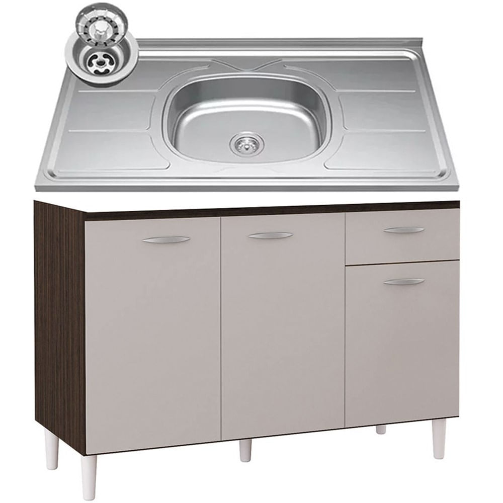 Balcão De Cozinha Com Pia Inox 120cm 3 Portas Classic P11 Chocolate/off White - Mpozenato