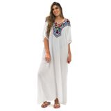 Vestido Kaftan Longo Indiano Feminino Bordado Floral Frontal Branco, GG