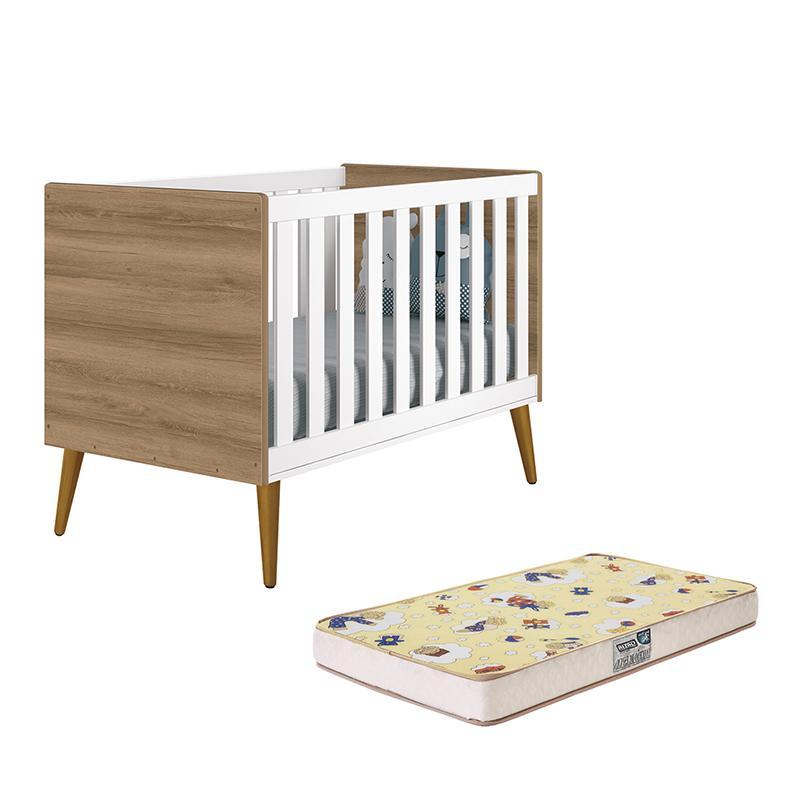 Berço Mini Cama Theo Retrô Branco Fosco/mezzo Com Pés Amadeirado E Colchão D18 - Reller Móveis