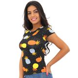 Blusa Feminina T Shirt Viscolycra Estampada Manga Curta Preto, Único