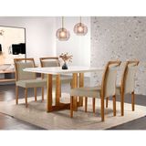 Conjunto De Mesa De Jantar Retangular Com Tampo De Vidro Off White Talia E 4 Cadeiras Livia Linho Bege E Imbuia