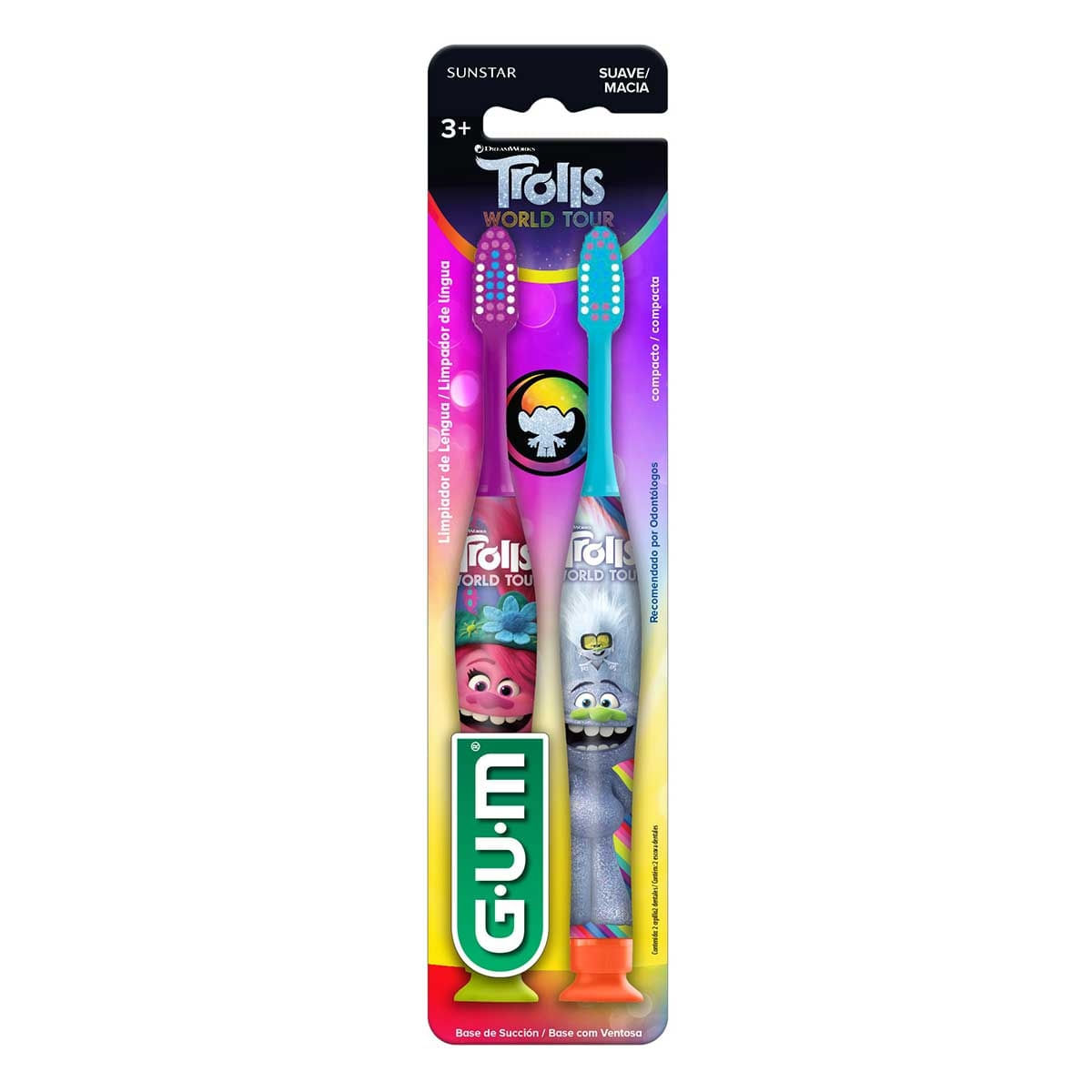 Escova De Dente Infantil Gum Trolls World Tour 3+ Anos Macia 2 Unidades