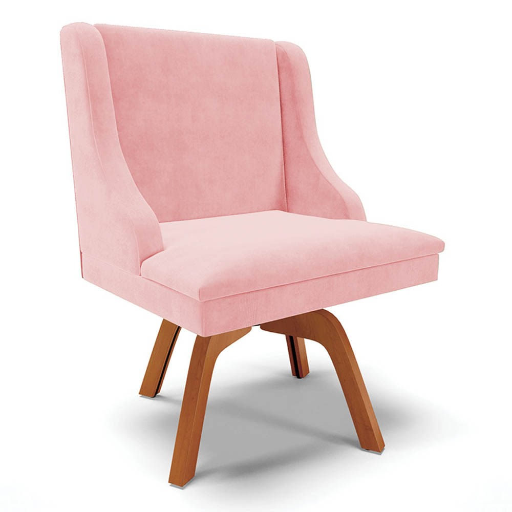 Cadeira Estofada Para Sala De Jantar Base Giratória De Madeira Lia Suede Rosa Bebê - Ibiza