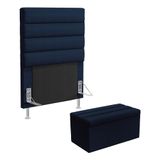 Cabeceira Atlas E Calçadeira Baú Ursa 90 Para Cama De Solteiro N-025 Veludo Azul Marinho Aradecor