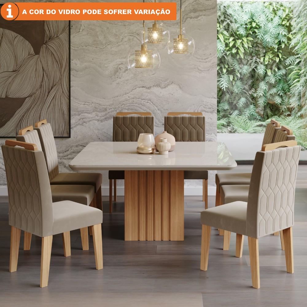 Conjunto Sala De Jantar Ana 130x80 Tampo Em Mdf/vidro 8 Cadeiras Paola Cimol Nature/off White/joli