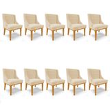 Kit 10 Cadeiras Estofadas Para Sala De Jantar Base Fixa De Madeira Castanho Lia Suede Bege - Ibiza