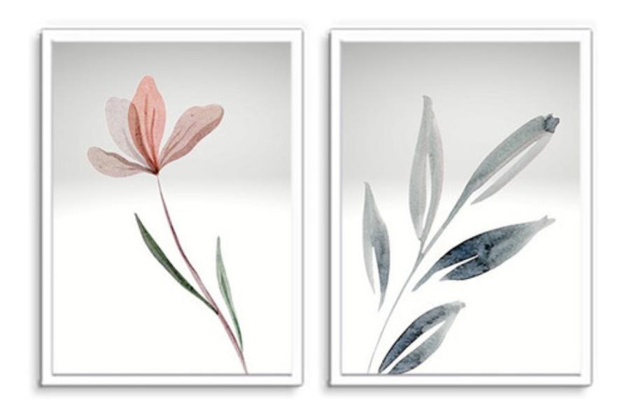 Quadro Decorativo Kit Flor Aquarela Cinza Com Vidro