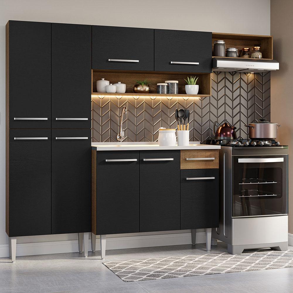 Armário De Cozinha Compacta 229cm Com Pia Rustic/preto Emilly Madesa 12