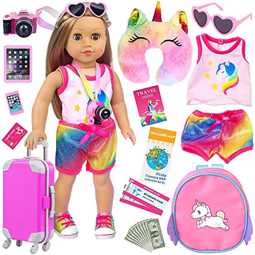 Kit Viagem 23 Peças P/boneca American Girl - Unicórnios Inclui Roupas, Mala, Mochila, Acessórios