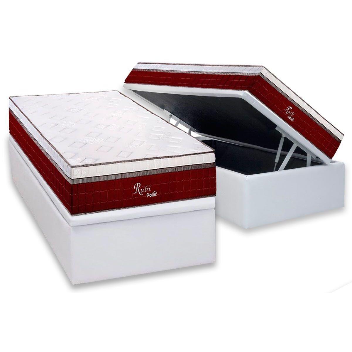 Cama Box Bau Solteiro Colchao Molas Polar Masterpocket Ensacadas Rubi Base Crc Courano White 88x188