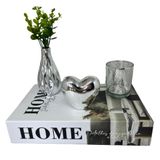 Kit Decoração Livro Home + Vaso Prata + Castiçal De Vidro