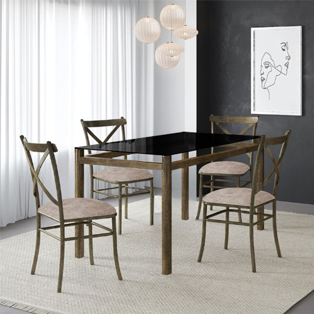 Conjunto De Mesa Marrocos Em Aço 120x80cm Vidro Preto E 4 Cadeiras Bege Lunar