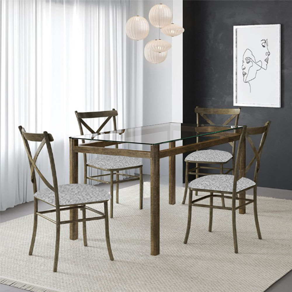Conjunto Sala De Jantar Mesa Tampo De Vidro 120x80 Com 4 Cadeiras Marrocos Em Aço