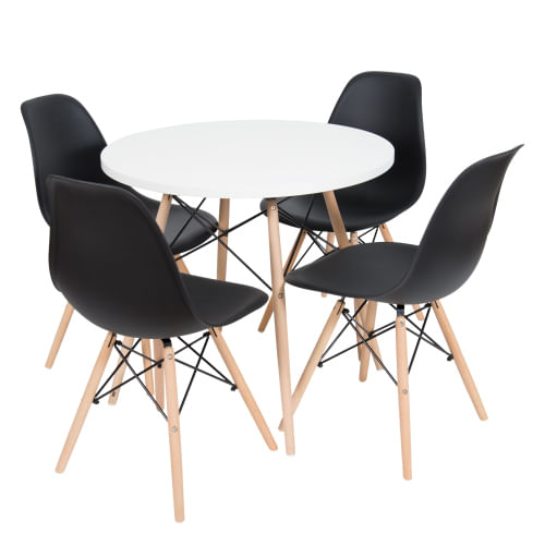 Conjunto Mesa De Jantar Eiffel 80cm Branca Com 4 Cadeiras Charles Eames Eiffel Wood Preta