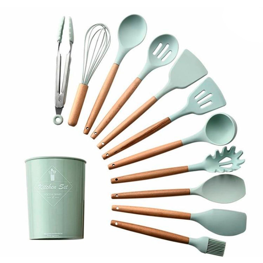 Utensílios de cozinha de Silicone e Madeira resistente até 230º Cor Verde Claro