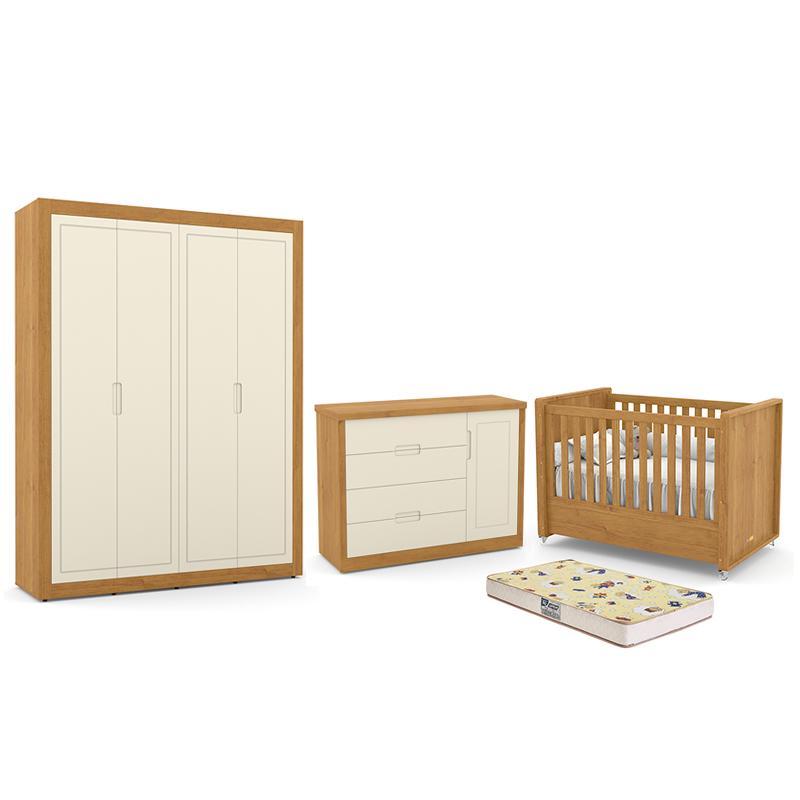 Dormitório Tutto New 4 Portas, Cômoda 1 Porta, Berço Freijó/off White Com Colchão D18 - Matic Móveis