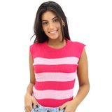 Blusa Feminina Tricot Trico Regata Bicollor Listrada Verão Rosa Claro Rosa Escuro, Único