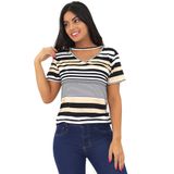 Blusa Feminina Estampada Listrada Manga Curta Gola Chocker Bege, P