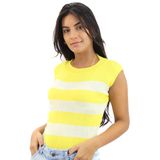 Blusa Feminina Tricot Trico Regata Bicollor Listrada Verão Amarelo Off White, Único