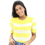 Blusa Feminina Tricot Trico Manga Curta Bicollor Listrada Off White Amarelo, Único