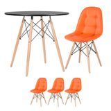 Kit - Mesa Eames Eiffel 80 cm preto + 3 cadeiras estofadas Botonê laranja