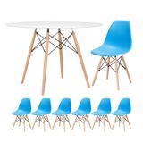 KIT - Mesa redonda Eames 120 cm branco + 6 cadeiras Eiffel DSW azul céu