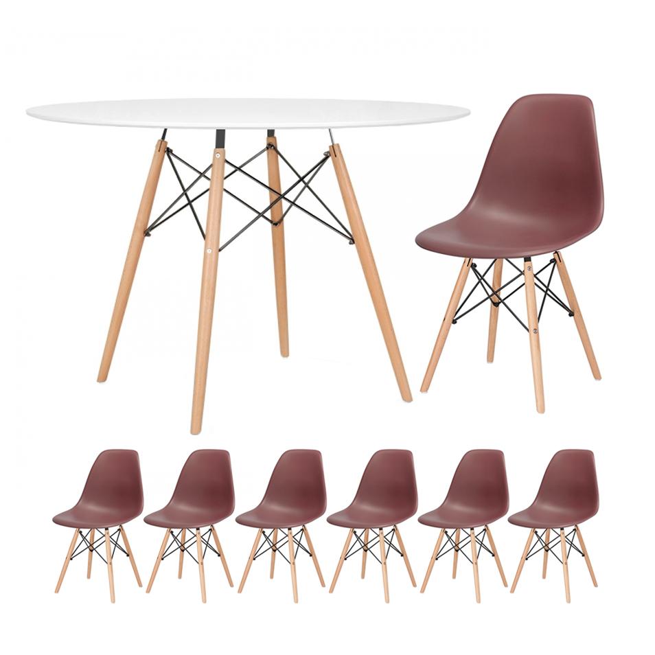 KIT - Mesa redonda Eames 120 cm branco + 6 cadeiras Eiffel DSW marrom