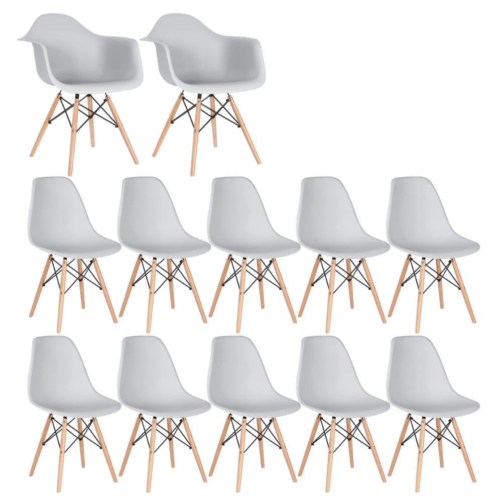 Conjunto 2 x cadeiras Eames DAW com braços + 10 cadeiras Eiffel DSW - Cinza claro