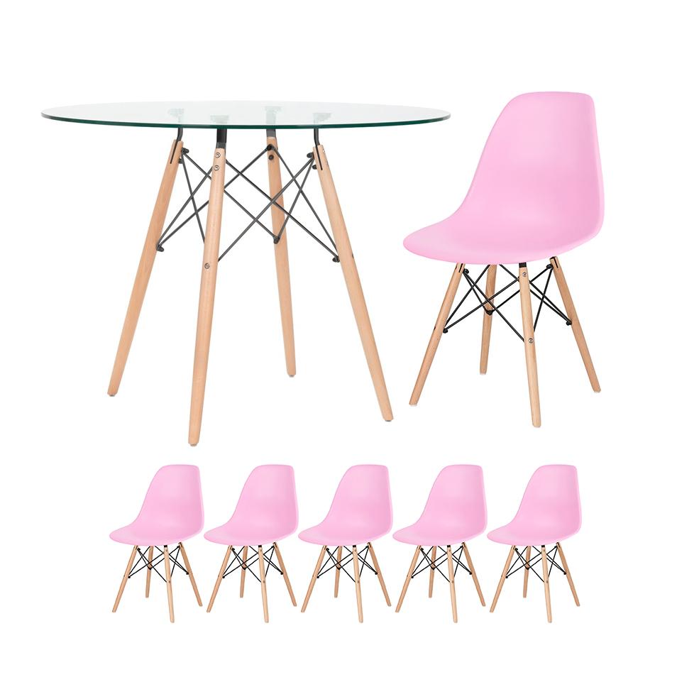 KIT - Mesa de vidro Eames 100 cm + 5 cadeiras Eiffel DSW rosa claro