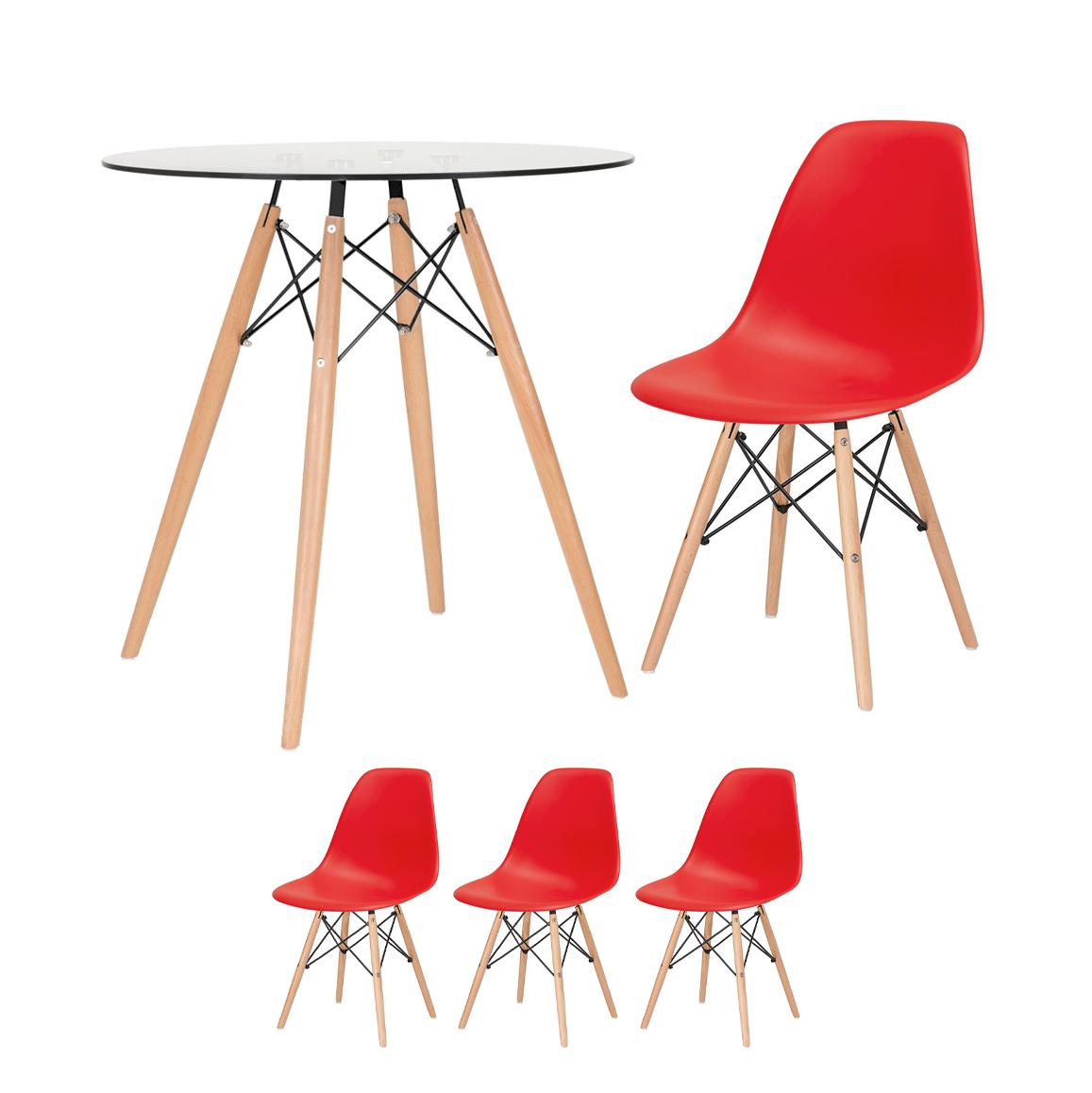 KIT - Mesa de vidro Eames 70 cm + 3 cadeiras Eiffel DSW vermelho