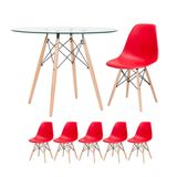 KIT - Mesa de vidro Eames 100 cm + 5 cadeiras Eiffel DSW vermelho