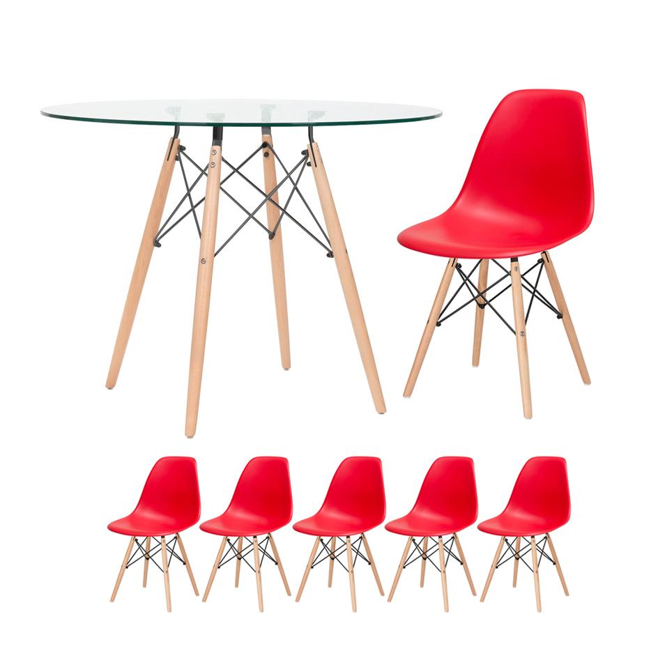 KIT - Mesa de vidro Eames 100 cm + 5 cadeiras Eiffel DSW vermelho