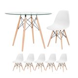 KIT - Mesa de vidro Eames 100 cm + 5 cadeiras Eiffel DSW branco