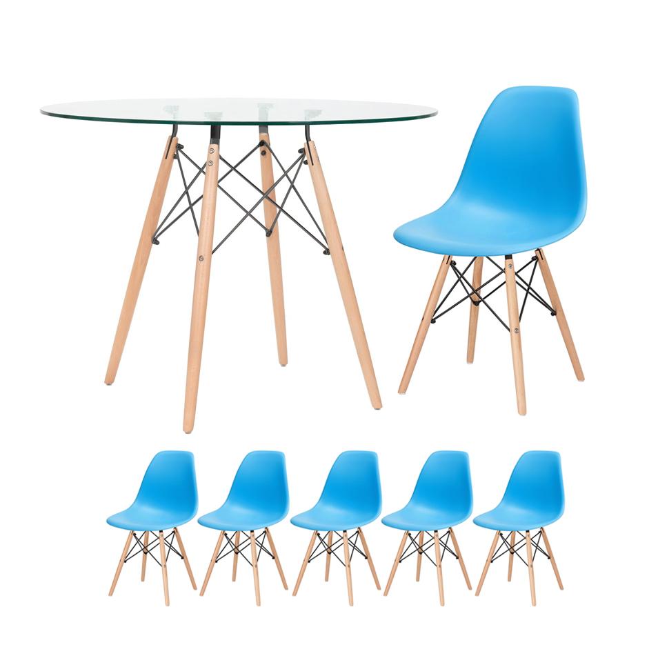 KIT - Mesa de vidro Eames 100 cm + 5 cadeiras Eiffel DSW azul céu