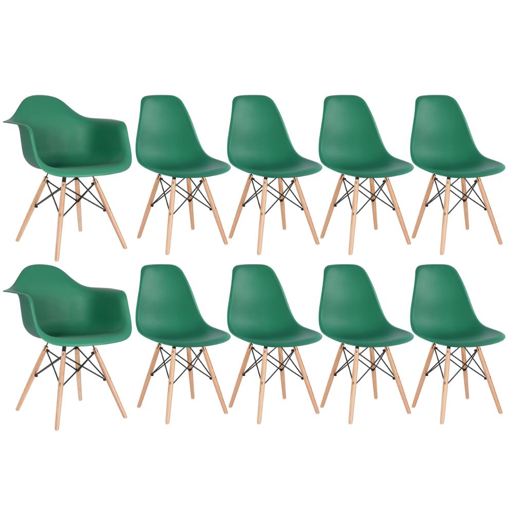 Conjunto 2 x cadeiras Eames DAW com braços + 8 cadeiras Eiffel DSW - Verde escuro