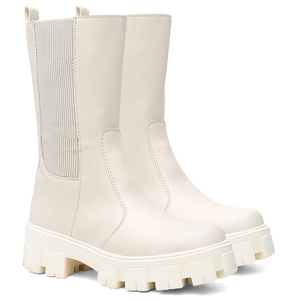 Bota Chelsea Feminina Tratorada Cano Longo Conforto Casual - Off White - 35