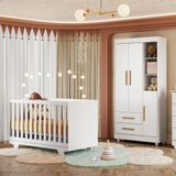 Quarto De Bebê Guarda Roupa 3 Portas E Berço Mini Cama 100% Mdf Com Colchão Nina Branco