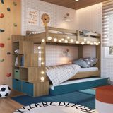 Treliche Infantil Com Cama Auxiliar Escada Nichos E Gavetas Laterais Aveiro Oak/azul Secreto