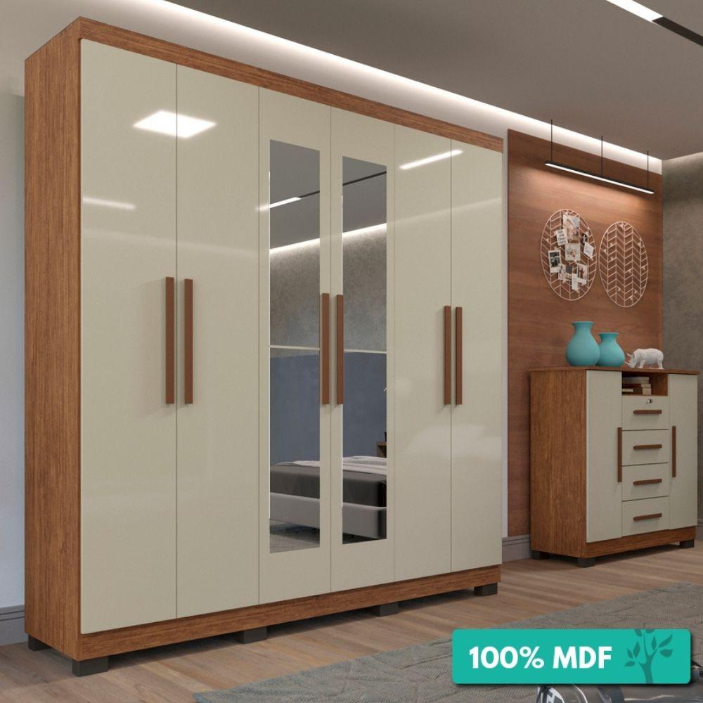 Guarda-roupa Casal 100% Mdf 6 Portas Com Espelho 4 Gavetas Sevilha Prime Imop Cinamomo/off-white