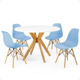 Conjunto Mesa De Jantar Redonda Marci Branca 100cm Com 4 Cadeiras Eames Eiffel - Azul Claro