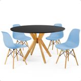 Conjunto Mesa De Jantar Redonda Marci Preta 120cm Com 4 Cadeiras Eames Eiffel - Azul Claro