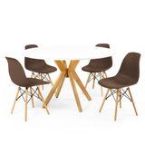 Conjunto Mesa De Jantar Redonda Marci Branca 120cm Com 4 Cadeiras Eames Eiffel - Marrom