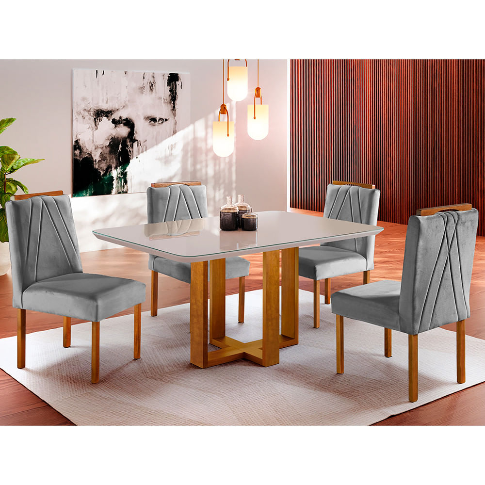 Conjunto Sala De Jantar Mesa E 4 Cadeiras Madeira Maciça Madri Linho Cinza